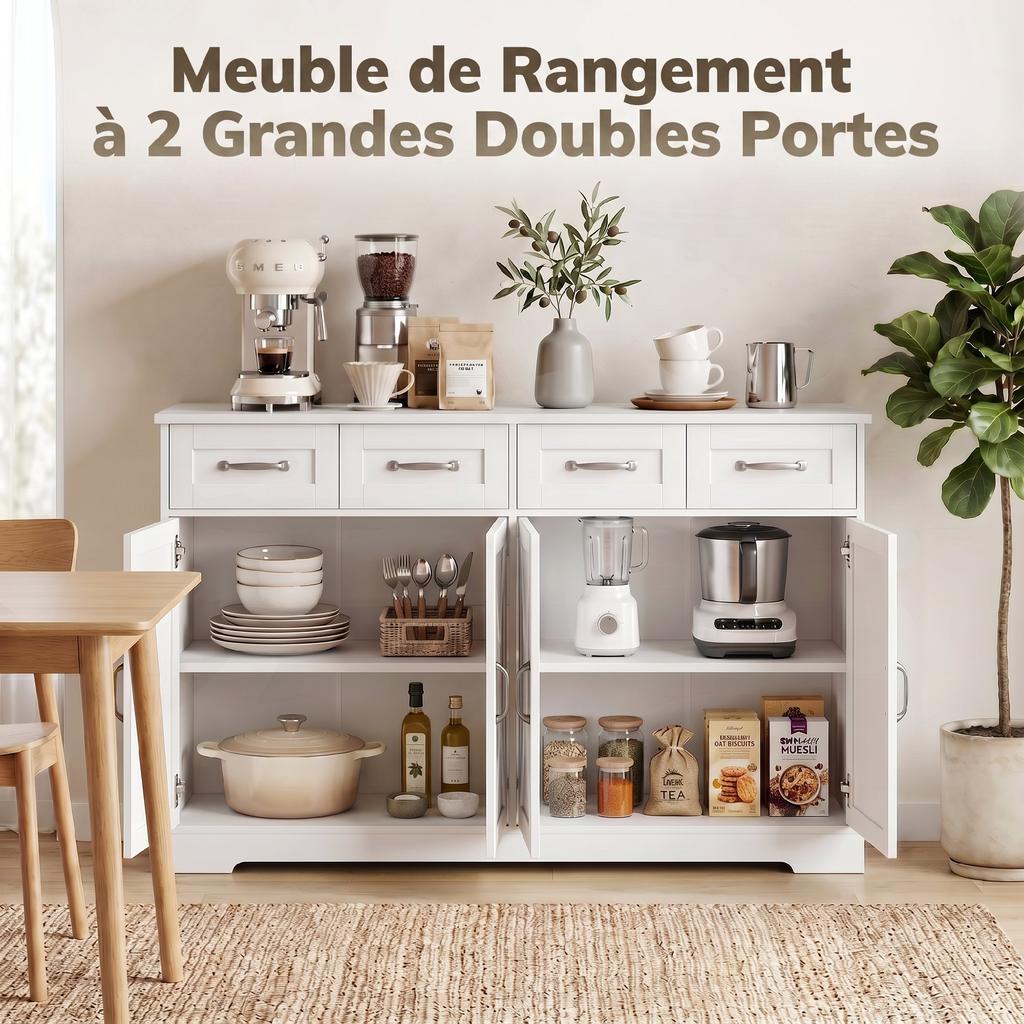 Buffet Cuisine 4 Tiroirs 4 Portes Style Shaker 140x38x80cm Blanc