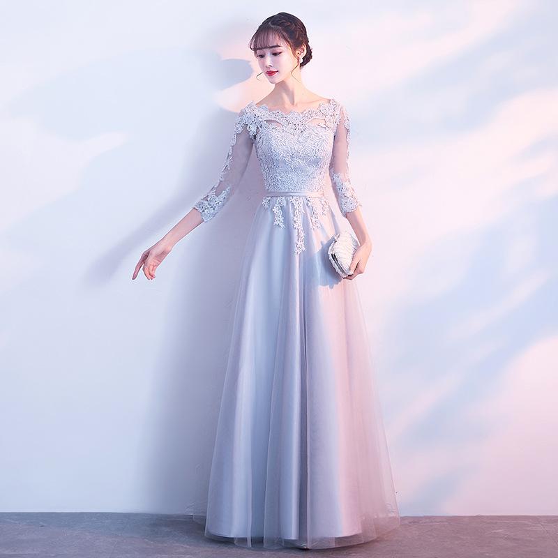 Simple and Generous Champagne Long Sleeves Long Thin Large Size Fat Mm Temperament Banquet Bridesmaid Evening Dress Dress Women