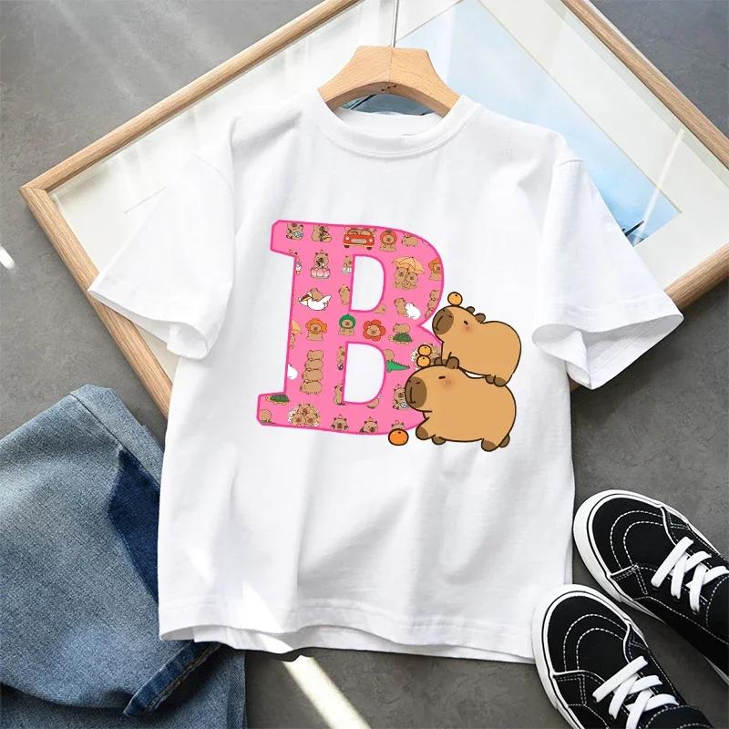 New Capybara Kids T-shirt Cute Cartoon Capibara A-Z Letter Cotton Tee Shirt Girls Summer Short Sleeve Tops Child Clothes Gifts