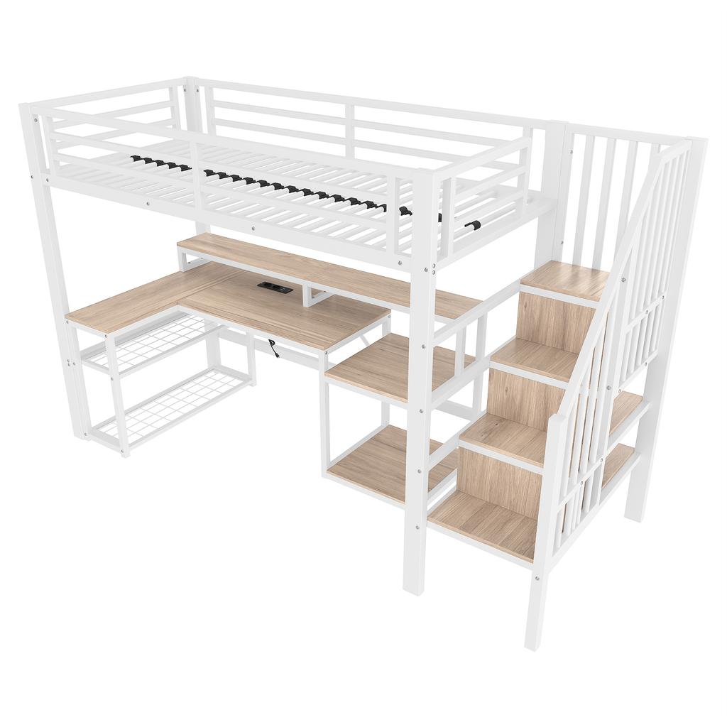 Łóżko piętrowe, 90 x 200 cm, rama żelazna, schowek, schody ze schowkiem, barierka zabezpieczająca, listwa świetlna LED, biurko, port USB, bez materaca, białe