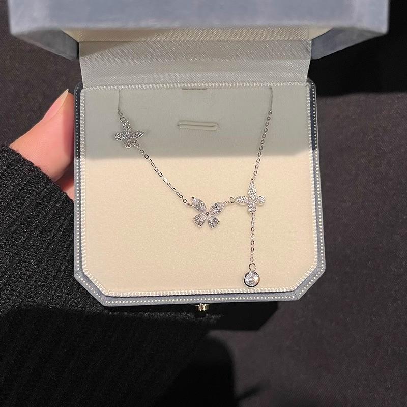 Sterling Silver Butterfly & Zirconia Tassel Necklace - Light Luxury Clavicle Chain for Women