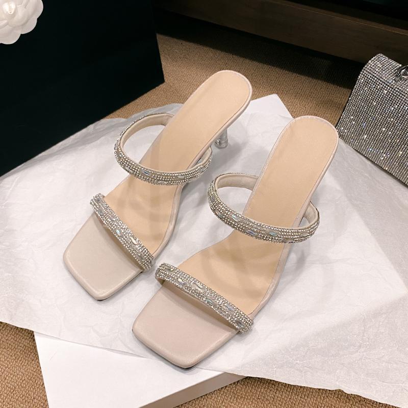 

Женские сандалии со стразами, полушлепанцы, лето 2025, новинка, высокие каблуки, хрустальный каблук, сандалии с открытым носком 40 абрикосовый