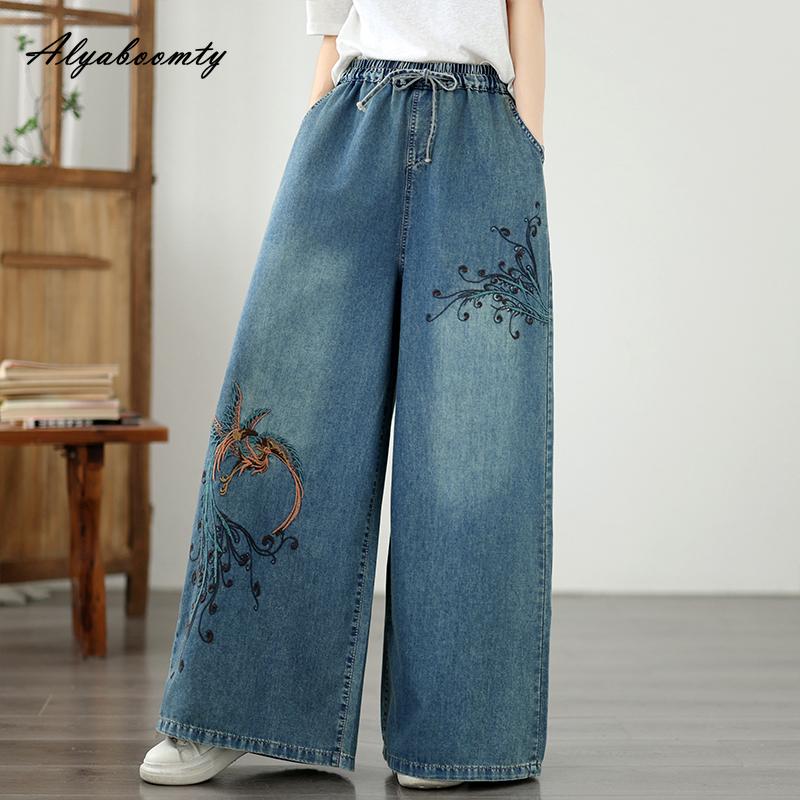 Large Size Spring Summer Women Straight Jeans Drawstring Elastic Waist Embroidery Oversized Baggy Denim Pants Retro Classical Ladies' Jeans