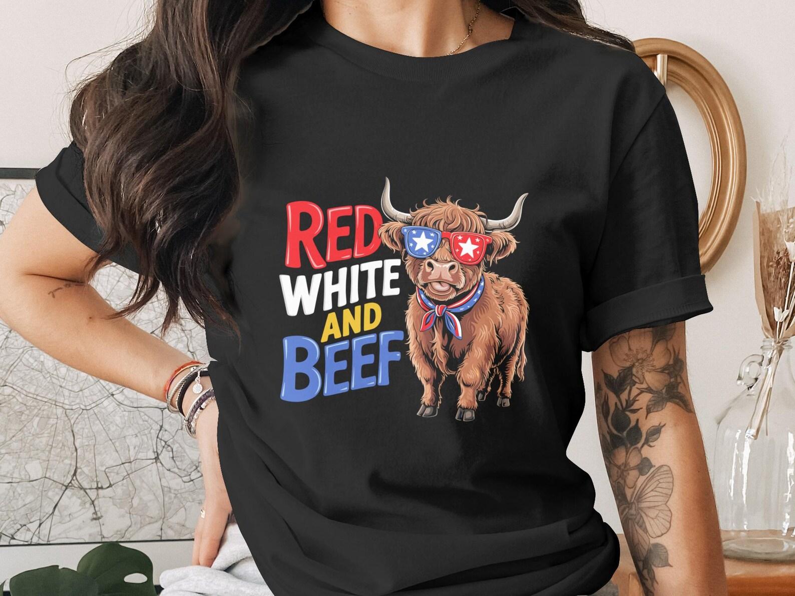 Red White and Beef T-Shirt, Patriotic Highland Cow Tee, Funny 4th of July BBQ Shirt, American Flag Grilling Gift XL