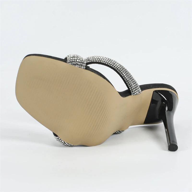 Fashion Eilyken Fashion Design CRYSTAL DIAMOND Square Toe Women Slippers Summer Hollow Out Thin High Heels Party Dress Slides Shoes