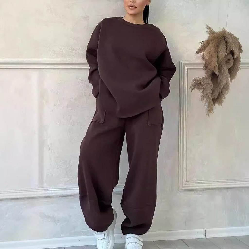 Women's Plus-Size Hoodie Set Autumn/Winter Solid Color Crewneck Sweatshirt Jogger Pants Two-Piece Set  Casual Sports Outfit