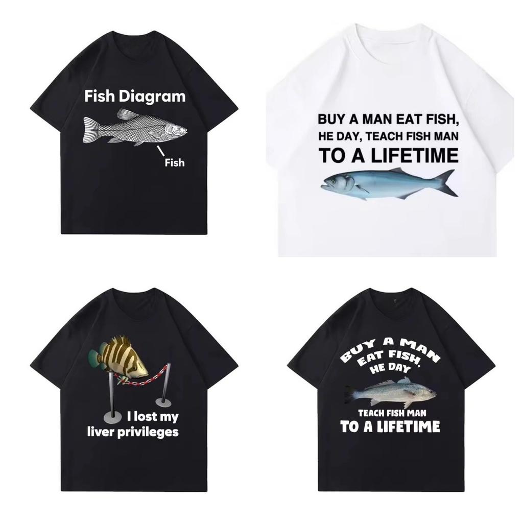 Trend High Quality 100 Cotton Loose Tshirt Meme Unisex Unisex Eat Fish Day Teach Fish Life Fun Casual Cotton Tshirt