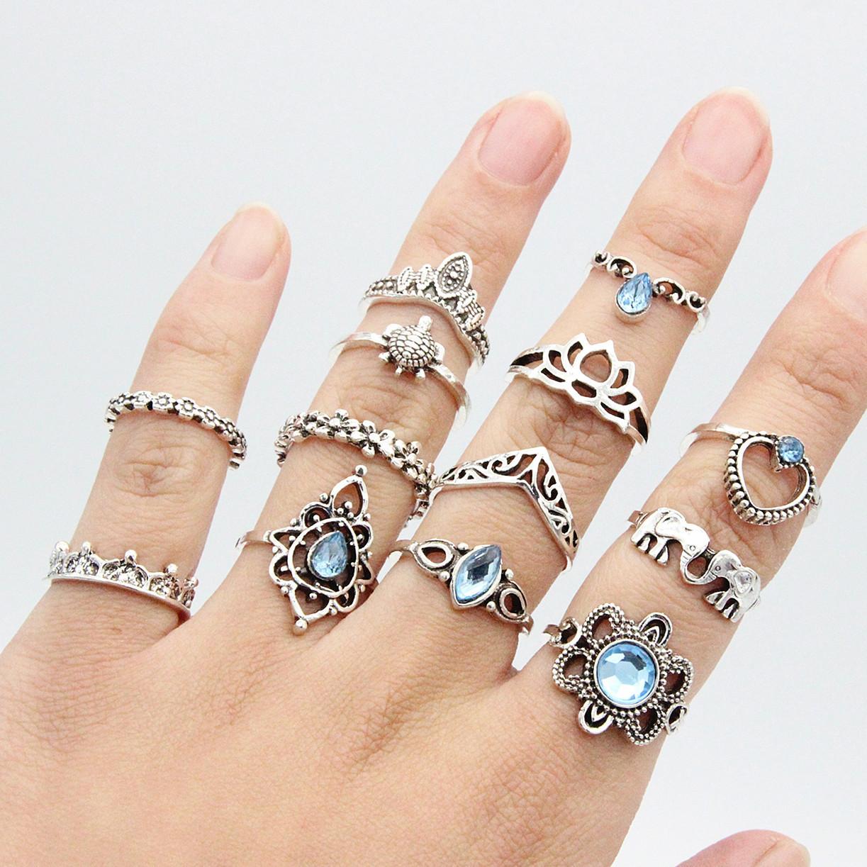 Jewelry Retro Carved Crown Starry Sky 13-piece Combination Set Ring one size(US size 6-13)