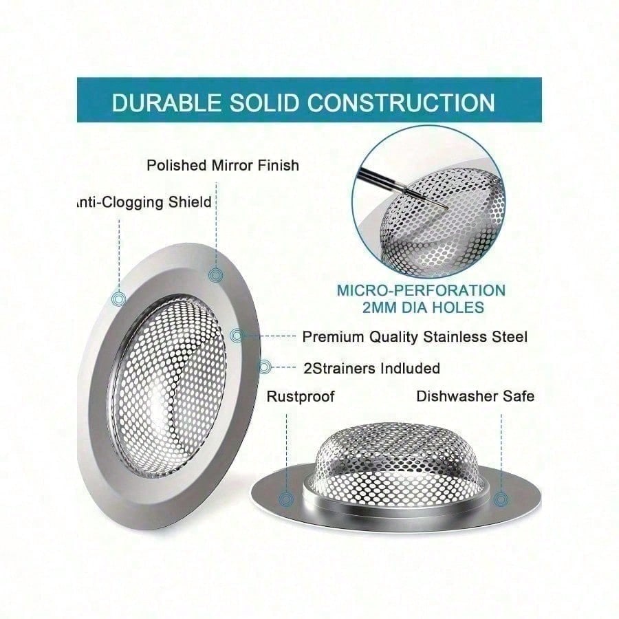 

2pcs Stainless Steel Kitchen Sink Strainer For Washing Vegetables - Large Size, Diameter 4.5 Inches, Anti-Clogging Microporous белый