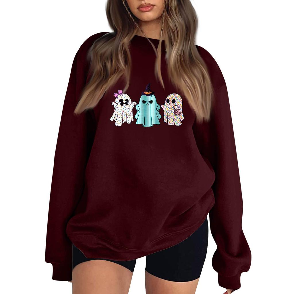 Women's Comfortable Casual Sweatshirt with Long Sleeve, Round Neck, Loose Fit, Small Halloween Print and Color Options