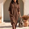 Damen Lässiges lockeres Midi-Strickkleid mit langen Ärmeln und großen Knöpfen für entspannte Alltagsmode