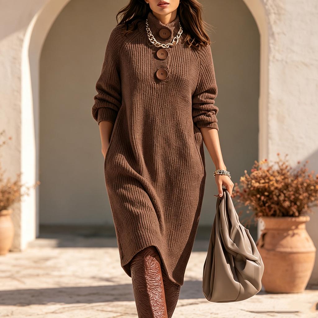 Damen Lässiges lockeres Midi-Strickkleid mit langen Ärmeln und großen Knöpfen für entspannte Alltagsmode