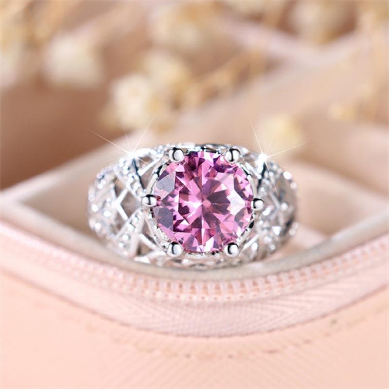 Wish six-claw pink big round diamond ring, simple personality niche light luxury women s ring No. 5