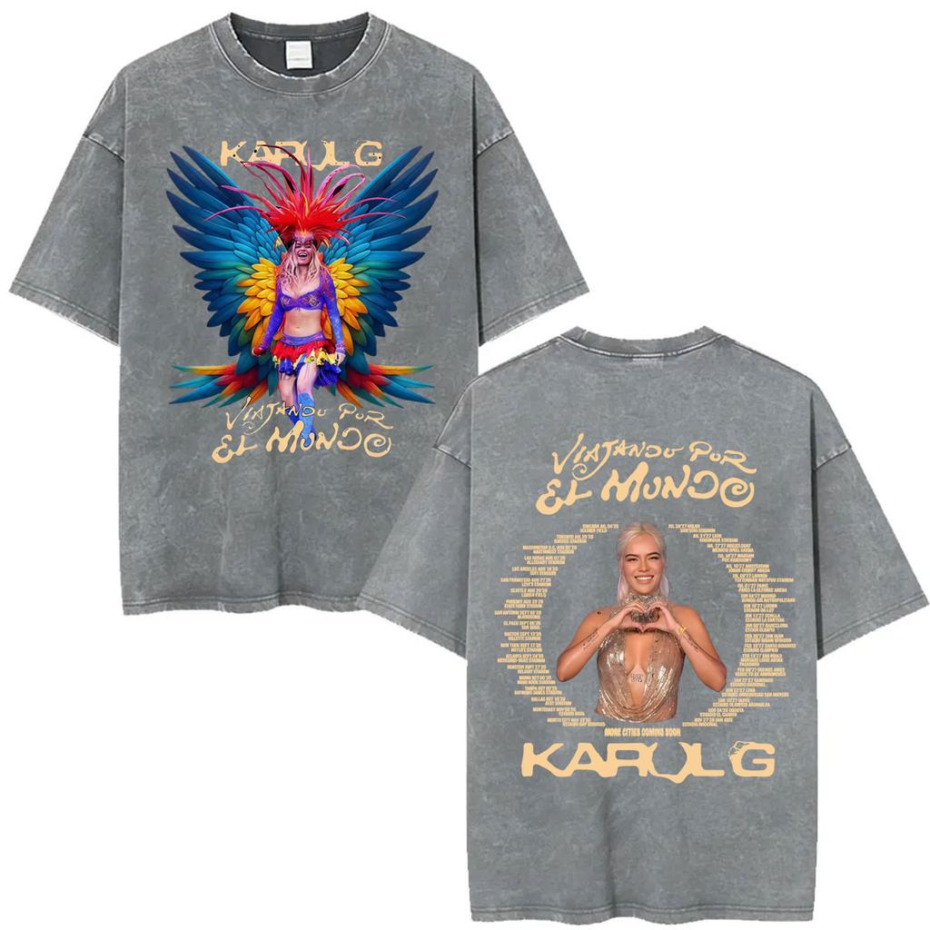 Karol G Tropicoqueta Tour New Album Vintage Washed T Shirts Men Women Fashion Aesthetic Tshirt Casual Cotton Loose T Shirt