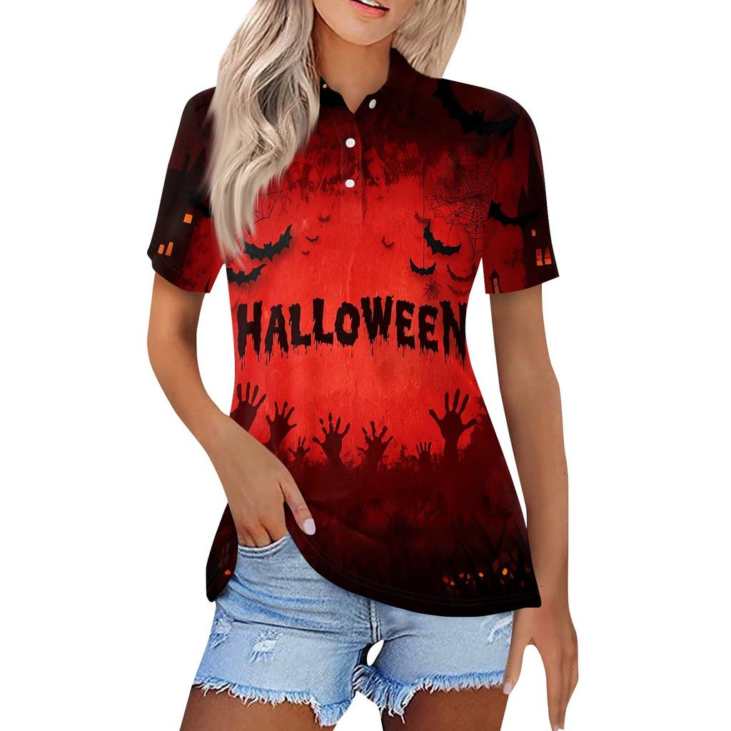 Damenmode Lässig Revers Kurzarm Halloween-Print Hemd Damen Button-Up Oberteile