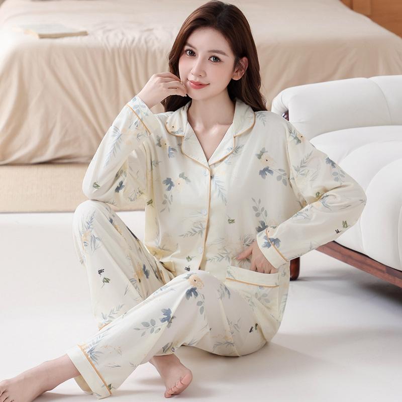 Baumwollimitat Pyjama Damen Frühling und Herbst sanfte Tulpen lange Ärmel große Größe mittel Mutter Loungewear Set