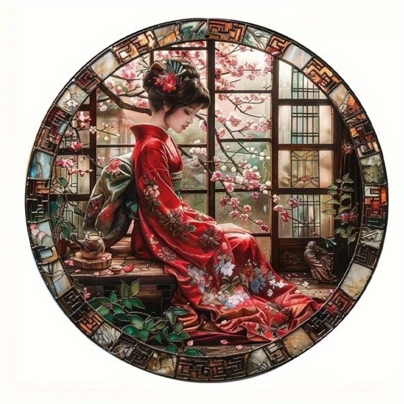 2d Flat 20*20cm, Round Wooden Wall Sign Art, Japanese Kimono Decorative, Entrance Decor Gift, Home Crafts, for Bar, Cafe, Club, Home, Room Wall Decor.