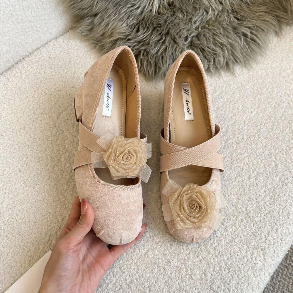 High Heeled Shoes for Women's 2025 Spring New French Cross Strap Ballet Pumps Retro Camellia Flower Mary Jane Shoes for Women