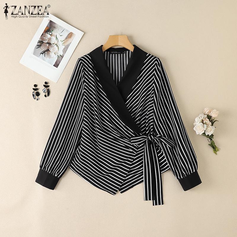 ZANZEA Blouse Décontractée Femme Col V Manches Longues Imprimé Rayures Lacée