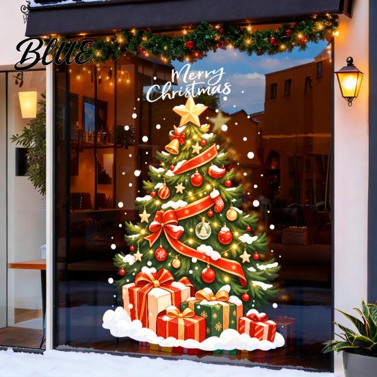 Reusable Static Stickers Christmas Tree Window Cling Xmas with Colorful Balls and No Glue Gift Boxes Holiday PVC Decals for Glass Doors Showcases