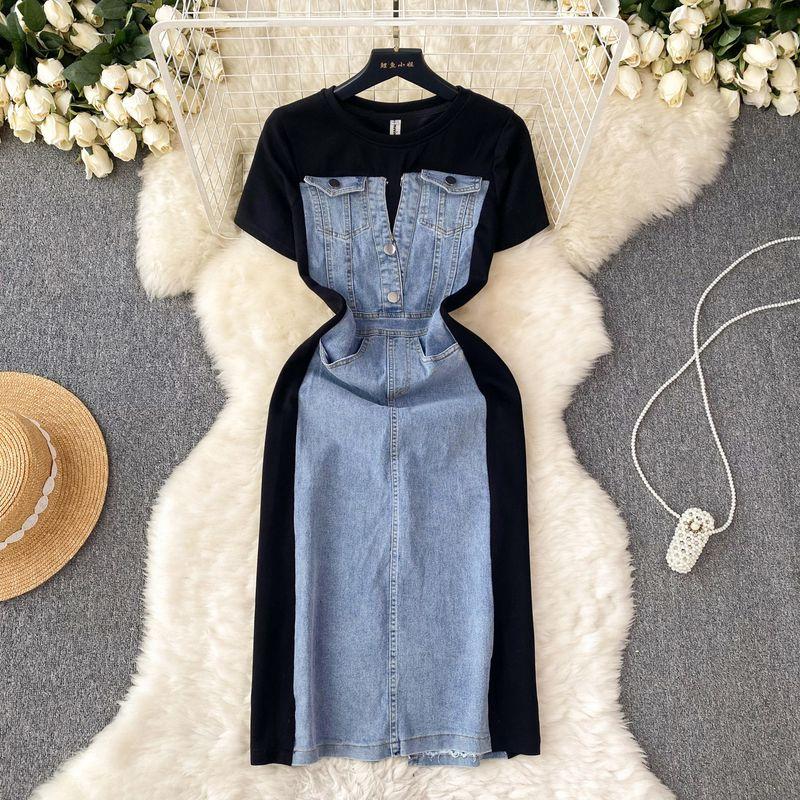 

Internet Celebrity Niche Style Patchwork Denim Dress round Neck Short Sleeve Light blue 3XL
