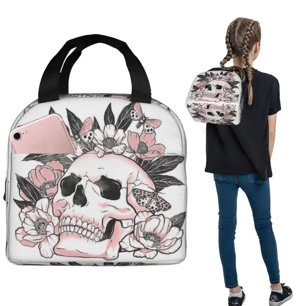 Vintage Gothic Skull Roses Insulated Lunch Bag for Women Children Portable Food Boxes Thermal Lunch Box Tote