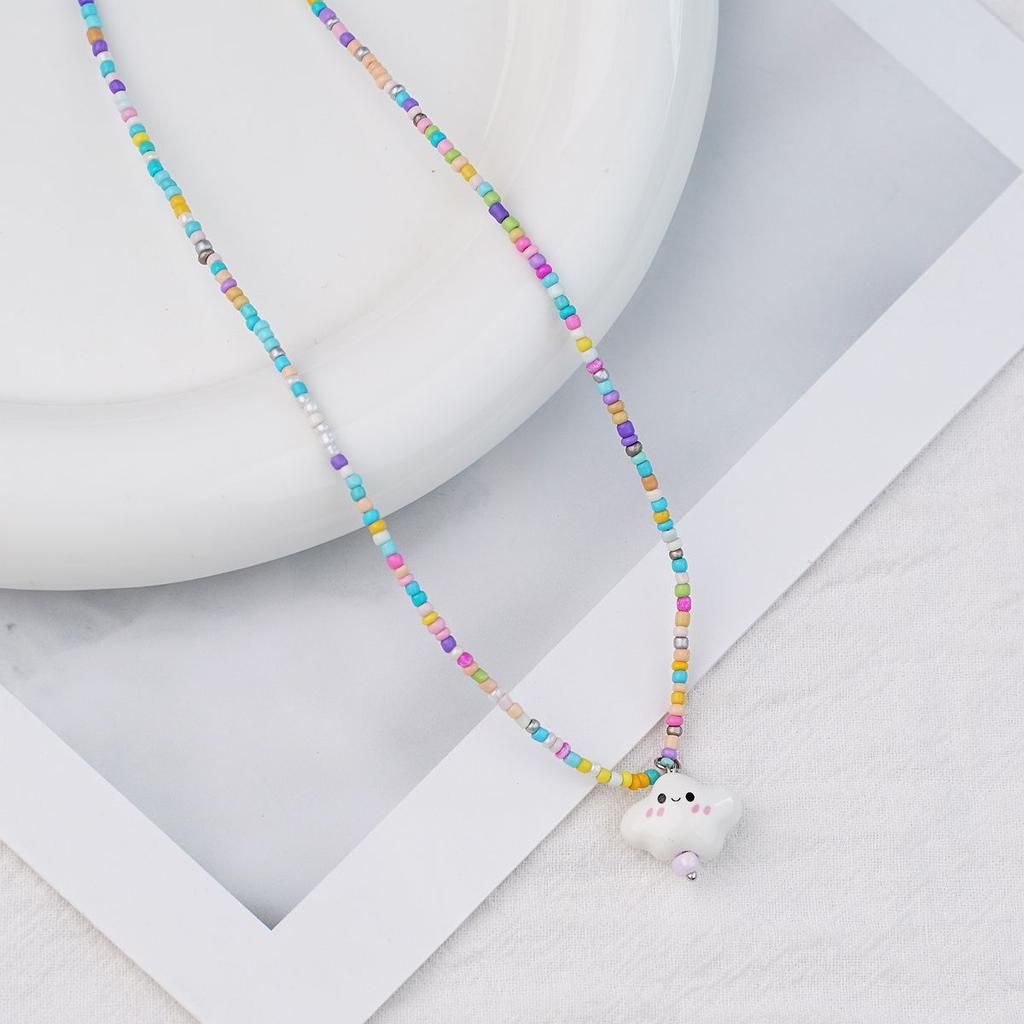 Bohemian Rice Beads Colored Beaded Ceramic Clouds Cute Fresh Necklace Neck Chain Collarbone Chain