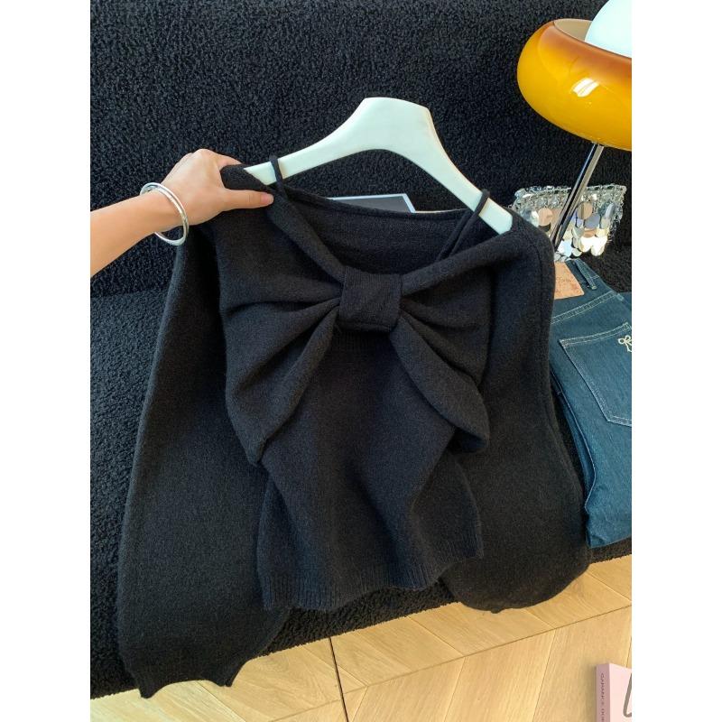 

Красный вязаный костюм-двойка для женской осенне-зимней носки, короткий косой свитер с открытыми плечами с топом внутри, ощущение высокого класса One size