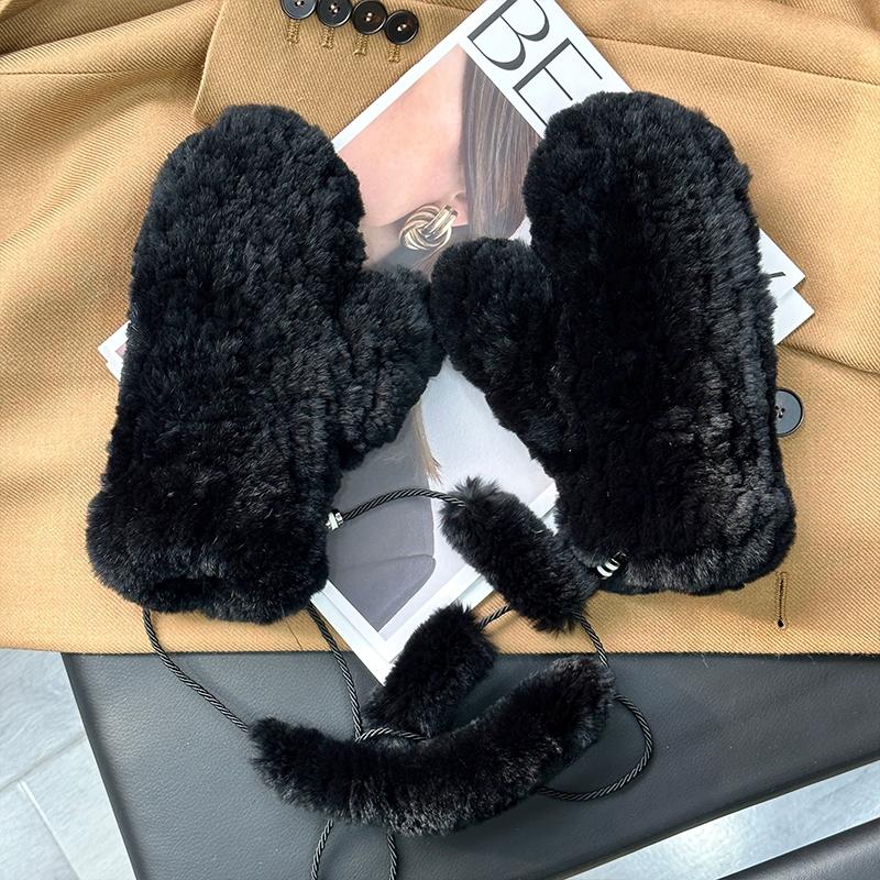 

Милые вязаные перчатки из настоящего кроличьего меха рекс, зимние бархатные милые теплые ветрозащитные эластичные меховые перчатки-варежки One Size чёрный