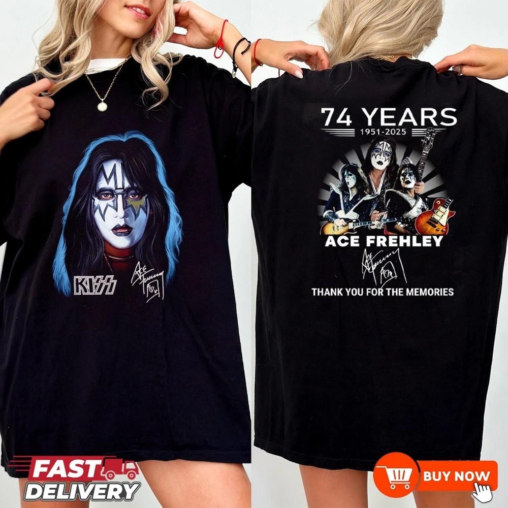 Рваная футболка Ace Frehley, Воспоминания 1951-2025, Футболка с автографом - Разноцветная, S-4XL, Унисекс Футболка XXXXL