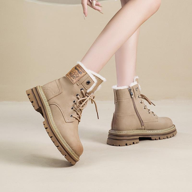 Fleece Martin boots women's autumn and winter new leather thick heel short boots small inner heightening locomotive boots cotton boots