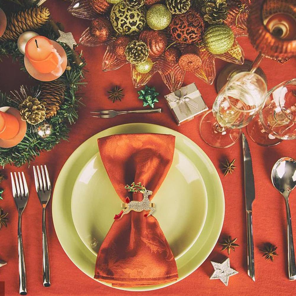 Inel de șervețel de Crăciun, Inele de șervețel cu elan, Strasuri aurii, Potrivit pentru petrecere, nuntă, masă, Crăciun, accesorii de decorare