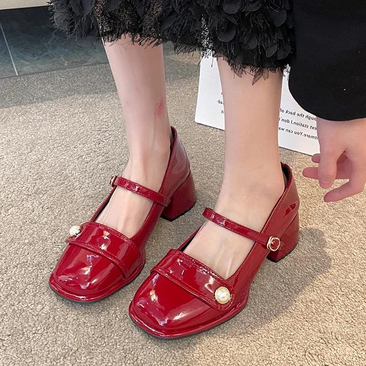 Fashion Red Mary Jane Heels Women Shoes 2024 Fashion Retro Square Toe Hollow Out Casual Mary Jane Shoes Women Platform Shoes Zapatillas