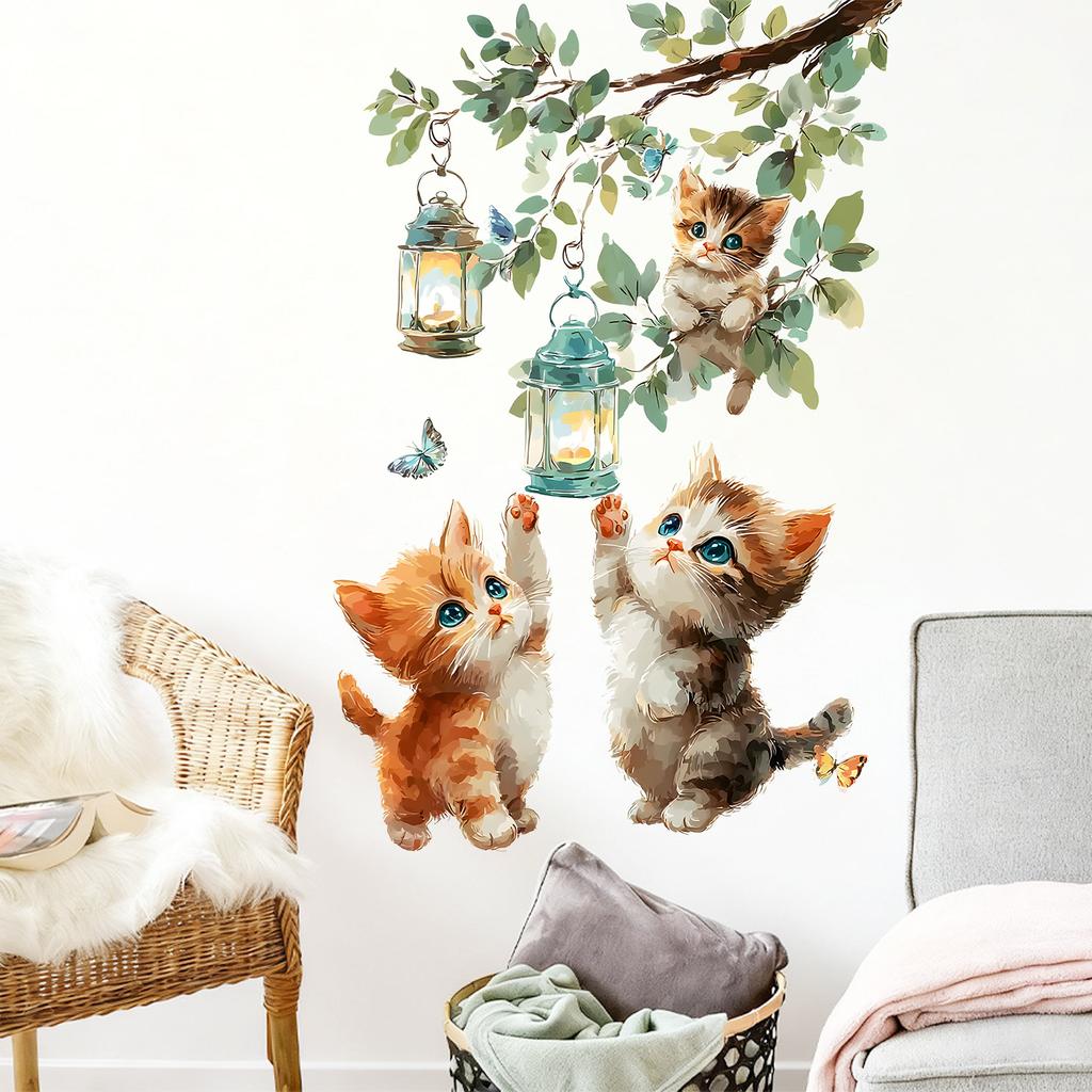 Cute Tree Branches Cats Butterflies Self-adhesive Waterproof Cartoon Stickers on Walls