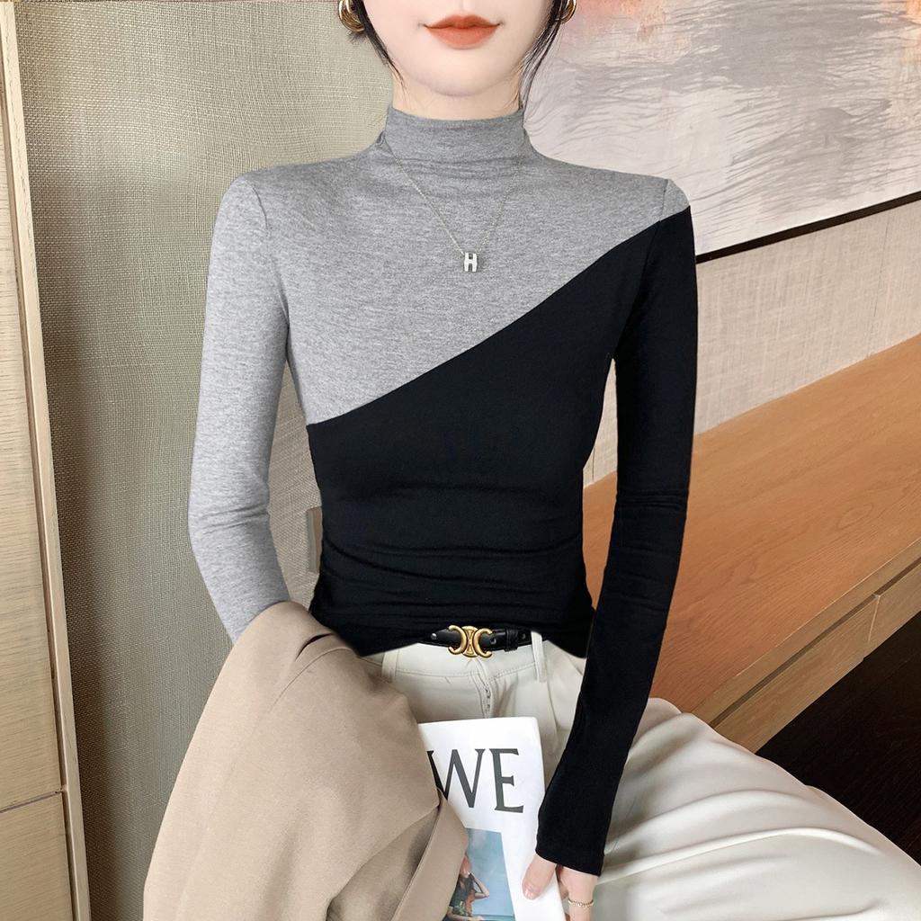 Half High Collar Bottoming Shirt Women's Inner Wear New Slim Fit Western Style Long Sleeve T-shirt High Sense of Stitching Contrast Color Top