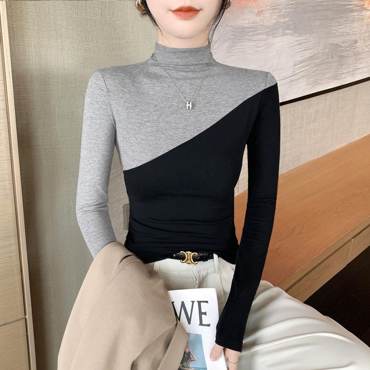 

Half High Collar Bottoming Shirt Women s Inner Wear New Slim Fit Western Style Long Sleeve T-shirt High Sense of Stitching Contrast Color Top 2XL сірий колір