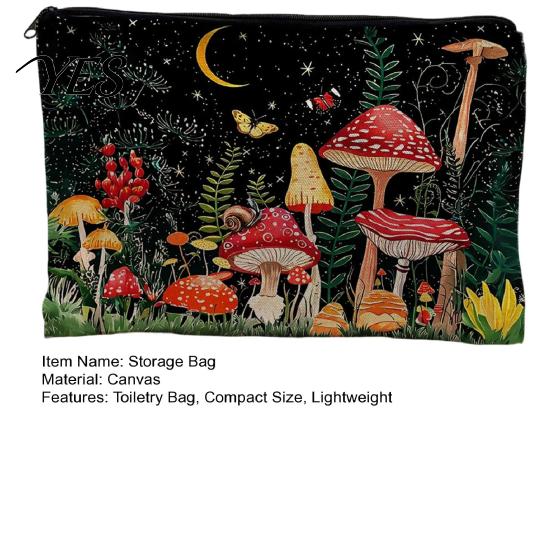 Secure Zipper Storage Bag Bag, with Mushroom Star Moon Print, Lightweight Black Pouch Wear-Resistant Cosmetic for Menstrual Supplies Coin Keys