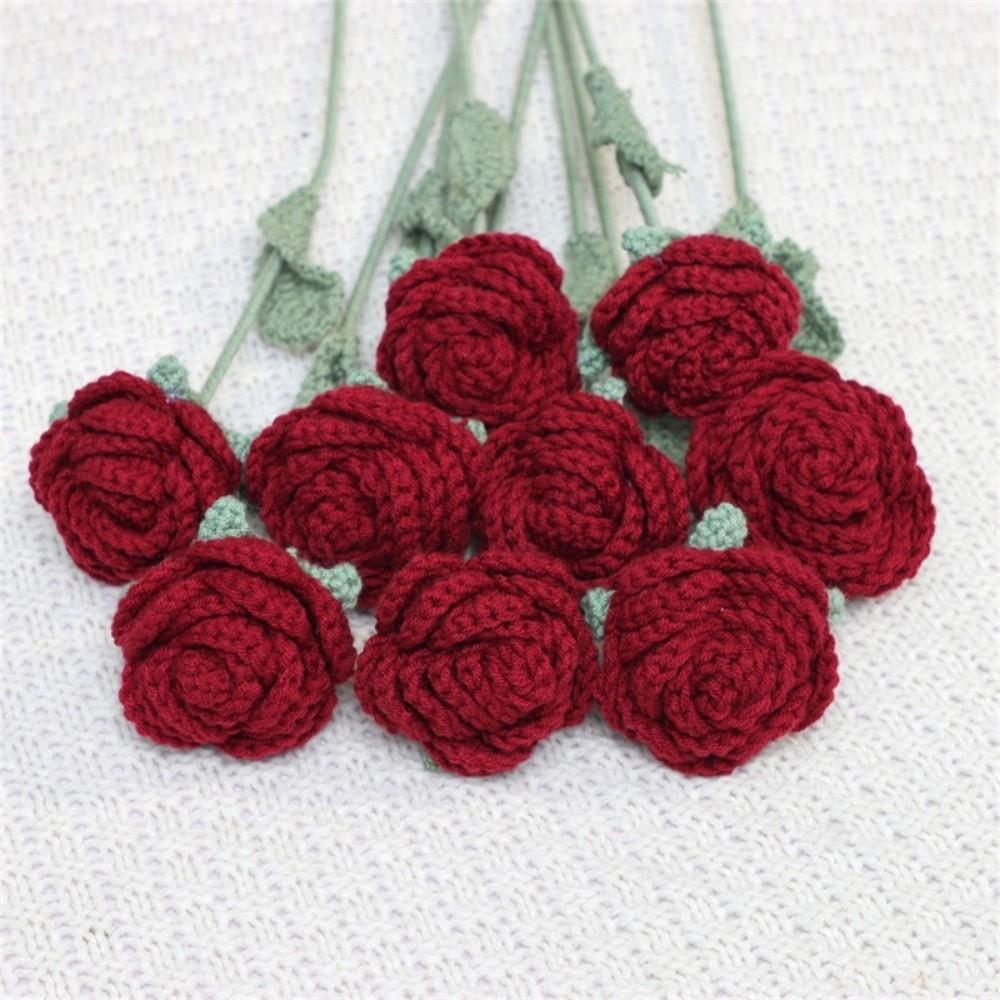 1/5/9pcs Hand Knitted Fake Rose Flowers Crochet Woven Rose Flower Bouquet  Mother's Day