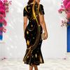 Women Plus Size V Neck Short Sleeve Fitted Black Printed Fishtail Dress