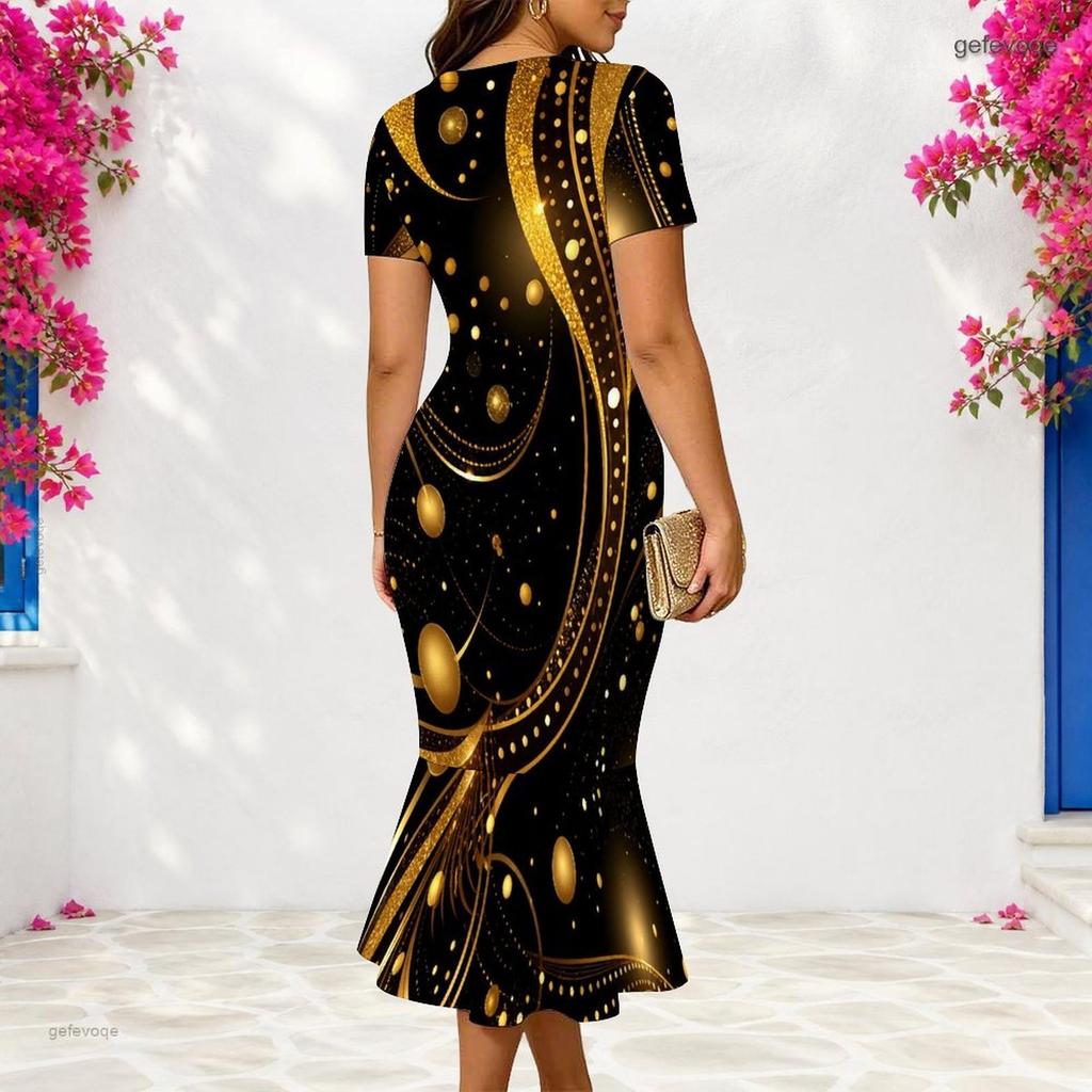 Women Plus Size V Neck Short Sleeve Fitted Black Printed Fishtail Dress