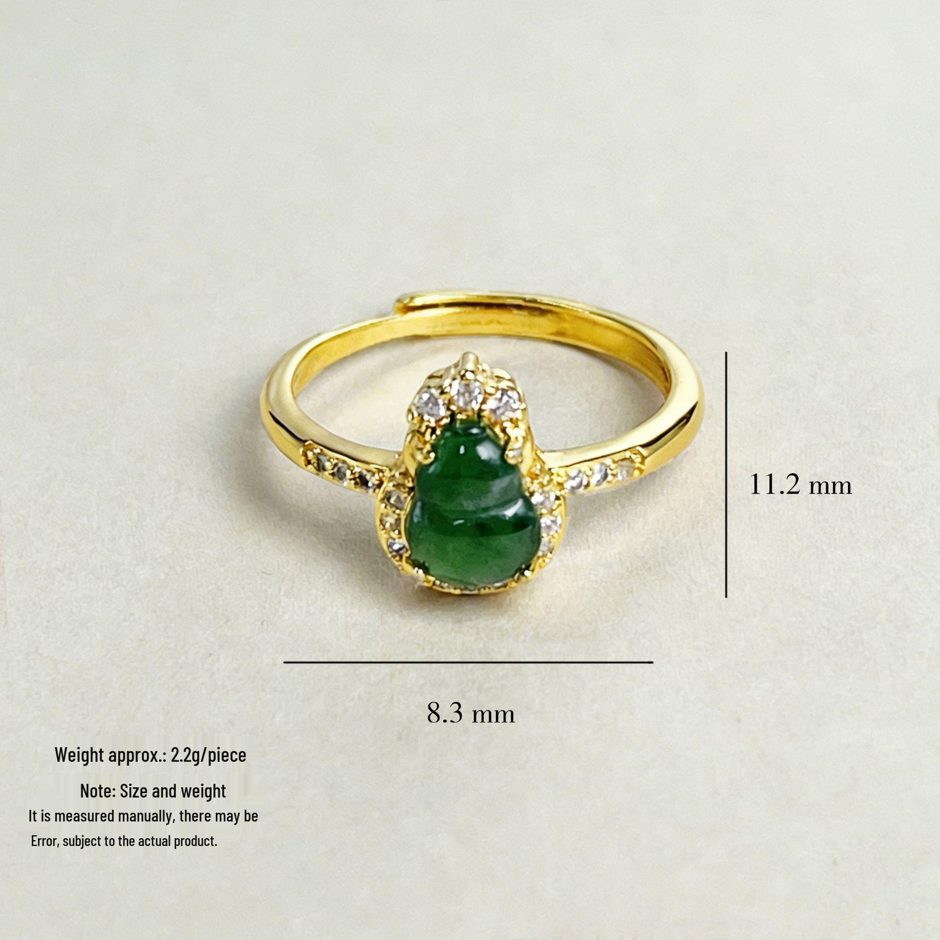 Elegant Adjustable Green Jade Gourd Ring with Diamonds for Women Adjustable Open Ring