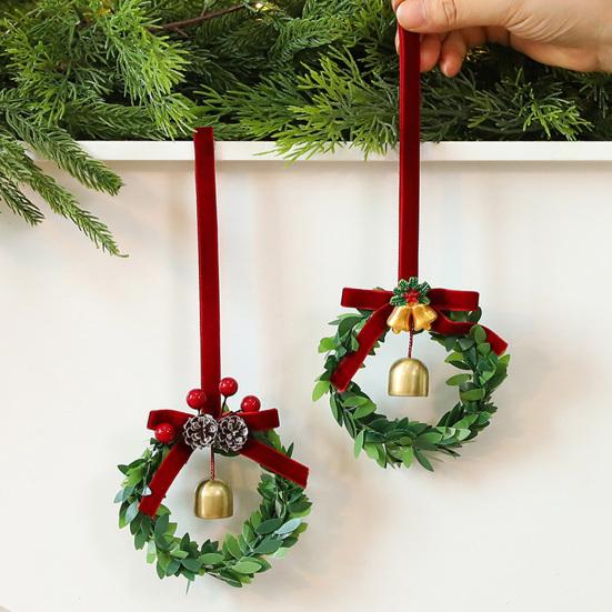 Christmas Bell Wreath Hanging Ornament Mini PVC Garland with Red Bow Xmas Tree Decor Window Display Festive Decor