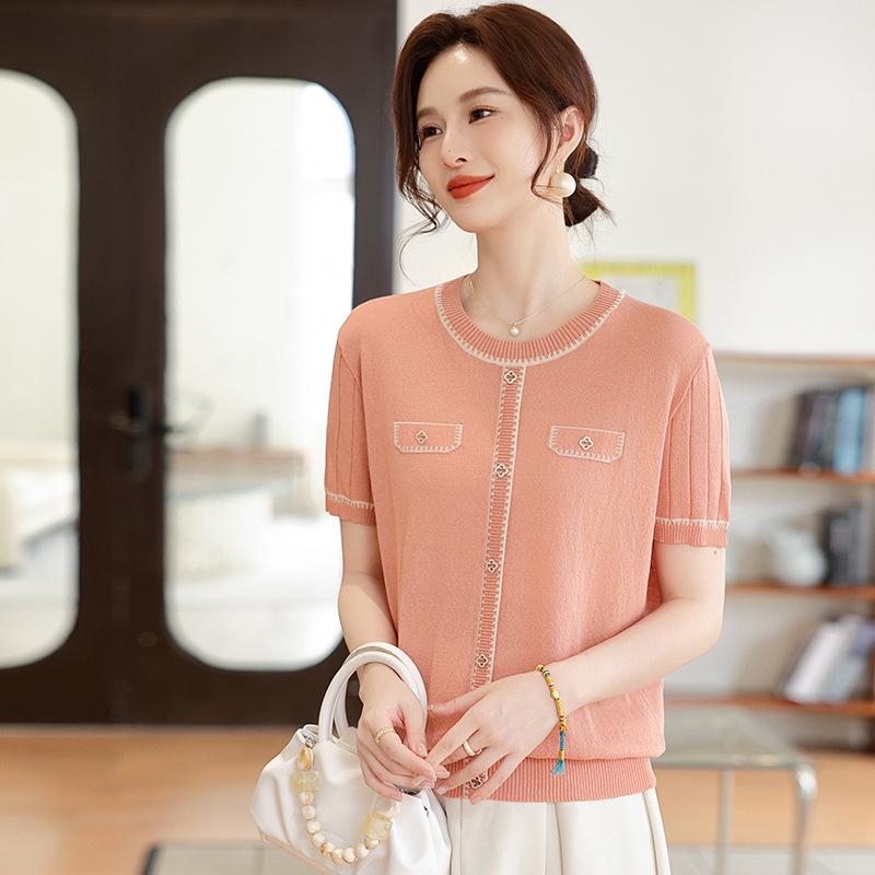 

Mom s French Style Ice Silk Knit Top, Short Sleeve, Versatile & Stylish T-shirt for Middle-Aged Women, New Summer Fashion. 3XL (120-135 lbs) оранжевый/розовый