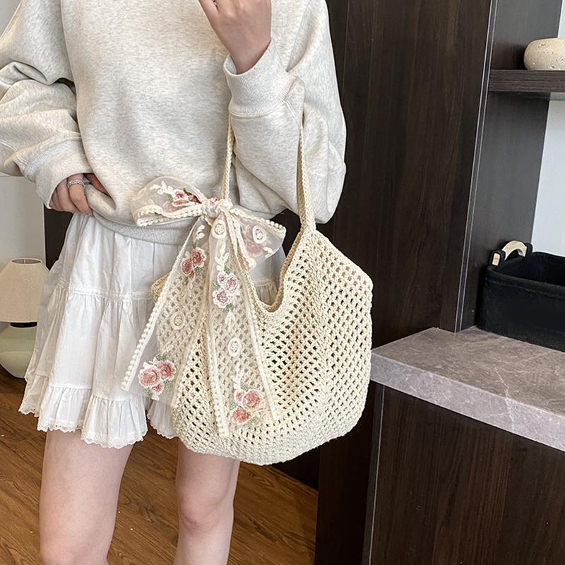 Yogodlns Solid Color Crochet Tote Handbag Summer Beach Scarf Decor Fashion Women's Mesh Woven Shoulder Bags Large Capacity Knitting Underarm Bag