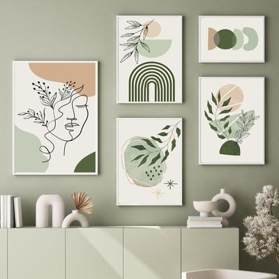 Abstract Geometric Wall Art Canvas Painting Boho Sage Green Plants Poster Print Room Decor Wall Pictures for Living Room Decor