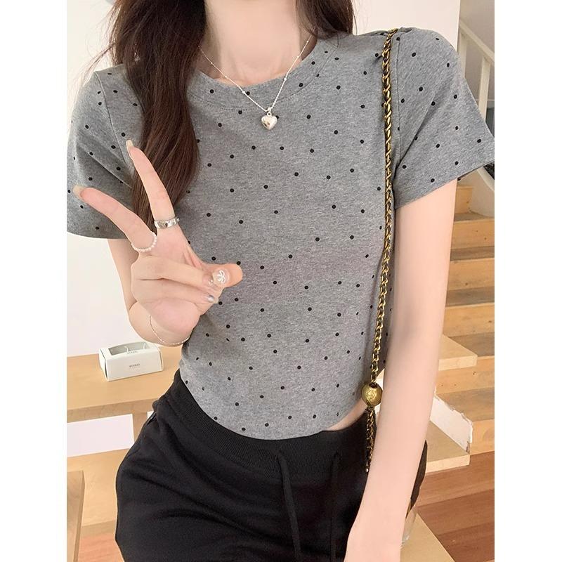 Gray polka dot round neck short-sleeved T-shirt for women, pure desire, exposed navel, waist, short, straight shoulder, hot girl, petite summer top