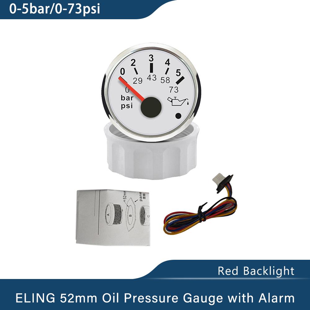 ELING New 52mm Oil Pressure Gauge Meter 0-5Bar 0-10Bar with Red Backlight and Light Alarm for Ships Motorcycle 9-32V 0-5Bar WS