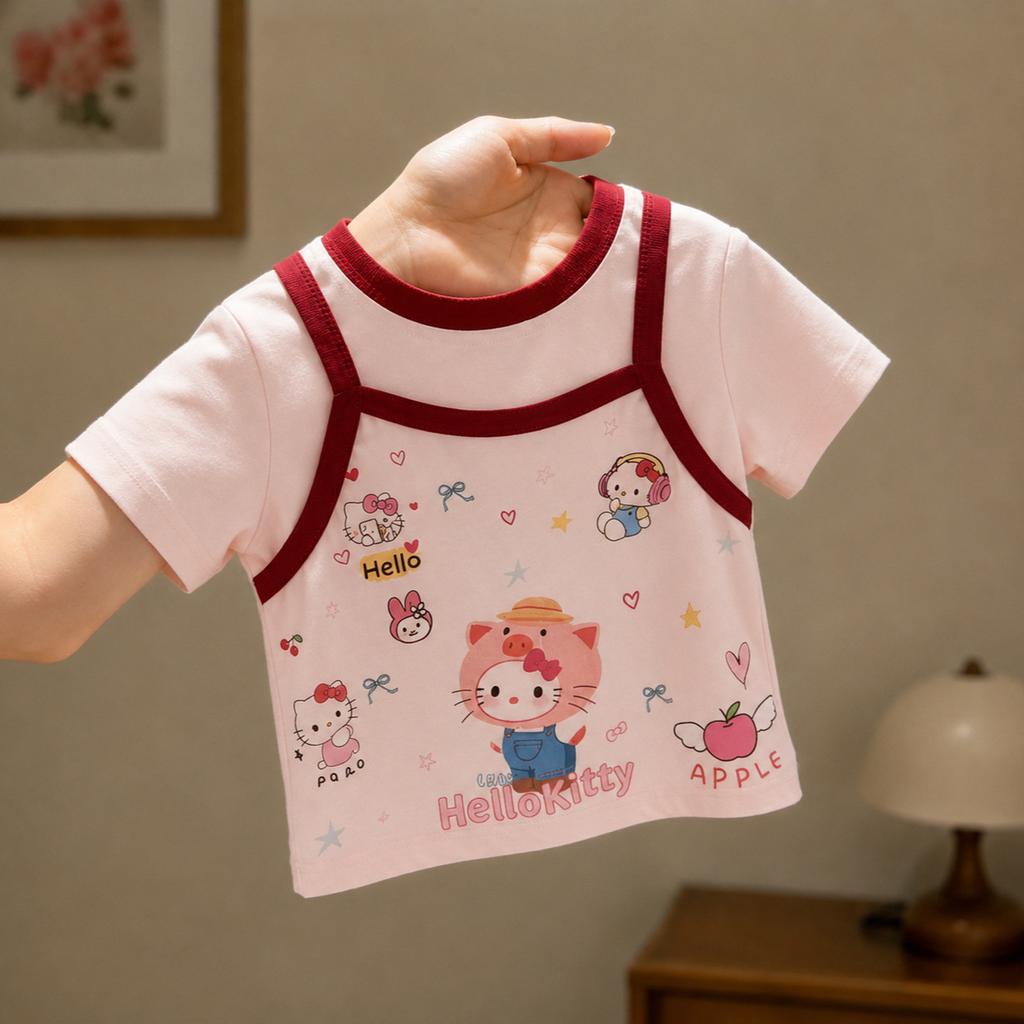 Girls Summer Cartoon Fake Two Piece Short Sleeve T Shirt Cute Print Stylish Versatile Top