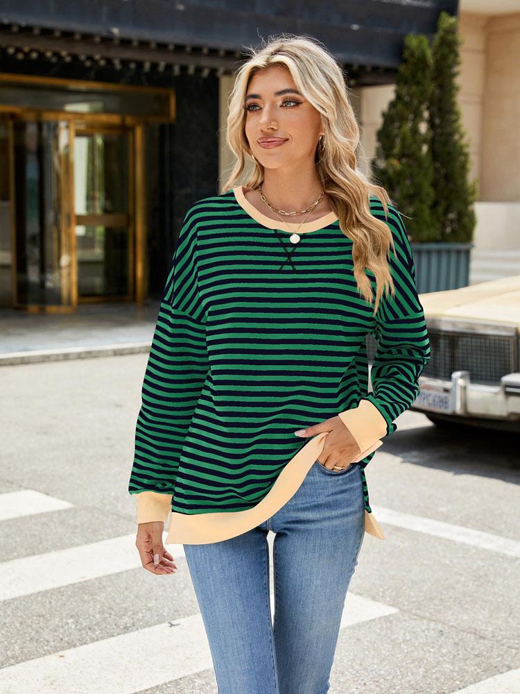 Elegant and Fashionable Autumn and Winter Comfortable Round Neck Striped Splicing Open Loose Long-sleeved Sweater Jacket Pullover Shirt Hoodies