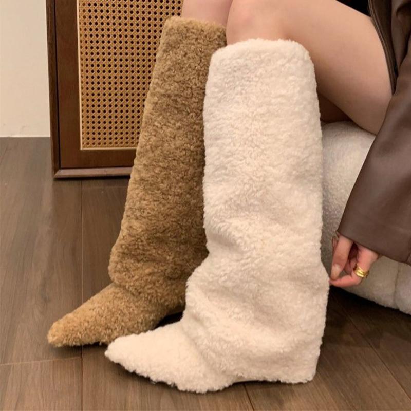 2026 New Fur Wedges Women High Boots Pointed Toe Designer Shoes Fashion Sexy Winter Snow Boots Warm Luxury Mujer Chelsea Botas